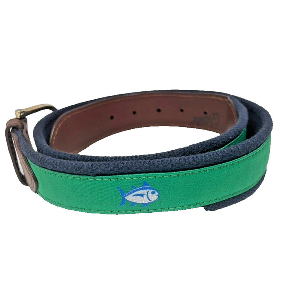 Southern Tide 1993 Belt Nautical Fish Men Sz 32 Navy Green Ribbon Canvas Leather - Picture 1 of 6